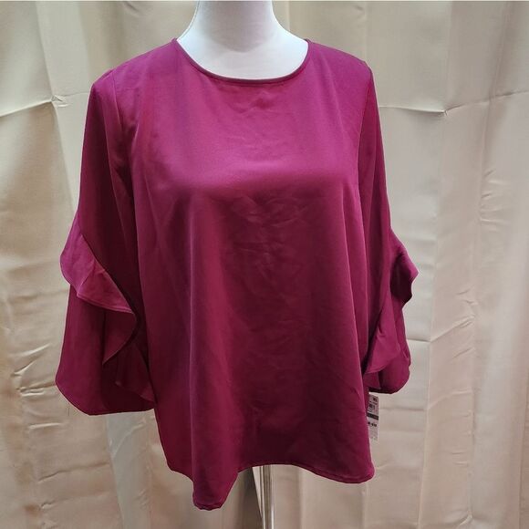 Alfani Dark Pink Ruffle Sleeve Popover Blouse Size Large Petite - Picture 3 of 10